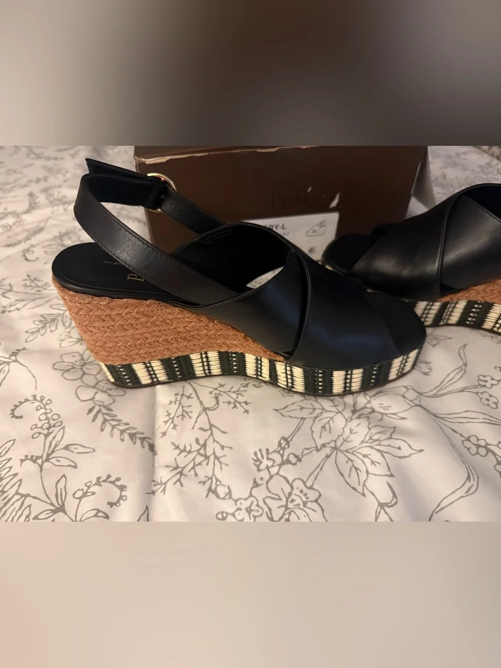 Paolo Black Cross‑Strap Platform Sandals with Braided Espadrille Sole